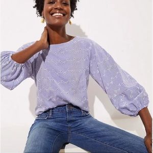 Loft puff sleeve button back top with eyelet detailing